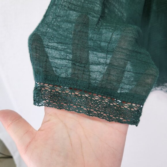 Free People Jasmine Blouse Size Small Ruffle 3/4 Sleeve Sheer Top Emerald Green - Picture 6 of 15